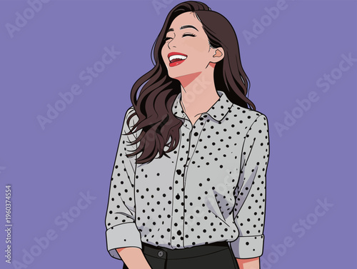 Woman smiles happily while wearing a button-up shirt with polka dots against a purple background in a cheerful setting