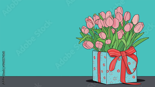 Colorful flowers in a gift box with a ribbon on a bright blue background during daytime