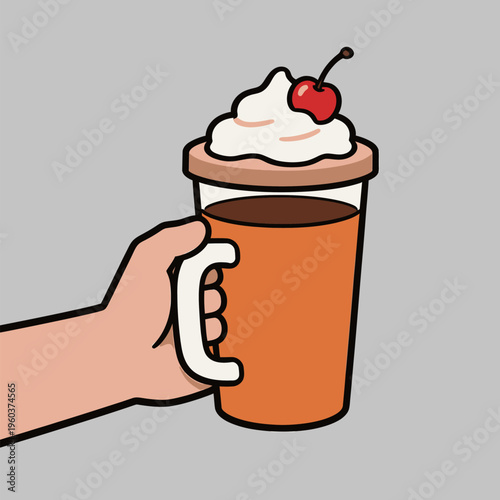 Hand holding a drink topped with whipped cream and a cherry in a simple style against a grey background