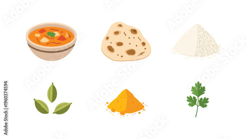 Indian Cuisine Essentials Vector Set: Curry, Flatbread, Rice, Cardamom, Turmeric, Coriander Icons