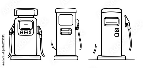 Fuel pump gas station icon set with flat vector illustration featuring fuel pump, gas station sign, truck icon with right angle and left angle