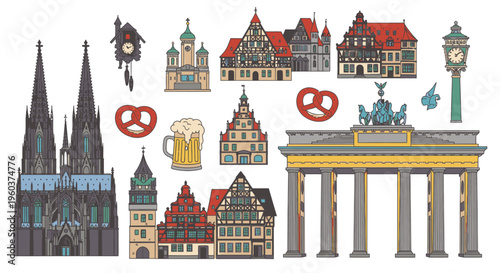 Flat lay illustration of various iconic Berlin landmarks and symbols including the Brandenburg Gate, Berlin Cathedral, and pretzels on a white background.