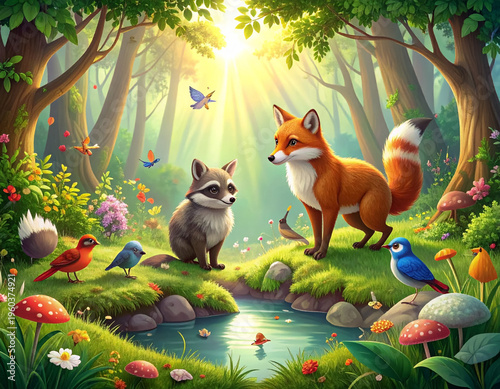 Whimsical forest scene showing a red fox, a curious raccoon, and several colorful birds gathered around a small pond, illustrated in a soft, storybook style
