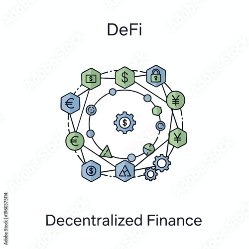 Interconnected financial symbols and gears form a decentralized network
