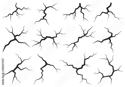 Set of cracked earth textures and ground fissures, depicting seismic activity and natural disasters