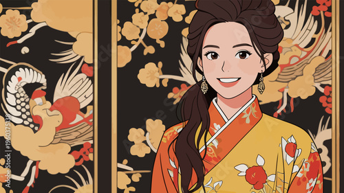 Woman wears vibrant kimono in front of traditional patterned background during a cultural event