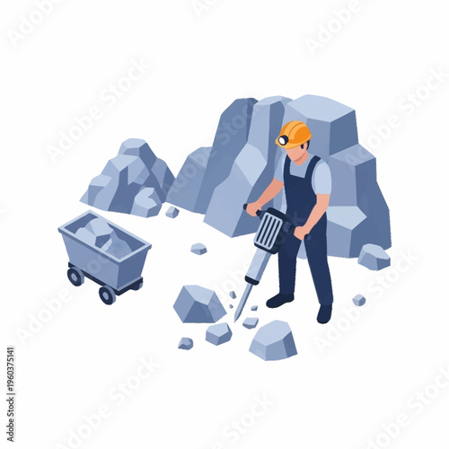 Isometric Miner Operating Jackhammer in Rocky Environment.