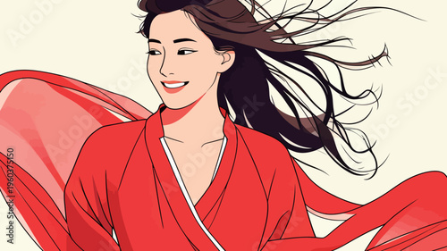 Woman in red robe with flowing hair stands in a gentle breeze during daylight, showing joy and movement in the scene