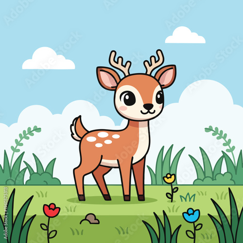 A cute cartoon fawn stands in a grassy meadow with flowers under a sky