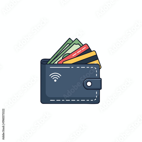 A dark blue wallet is open showing cash and credit cards, with a wifi symbol