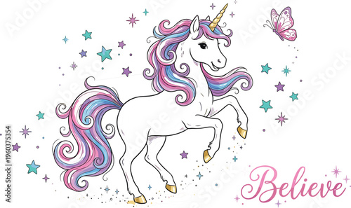 Majestic Prancing Unicorn With Colorful Mane And Butterfly Believe Inspirational Quote For Kids Room Decor Vector Illustration.