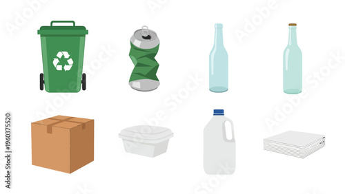 Recycling Concept: Green bin with various recyclable materials like plastic, glass, metal, paper, and cardboard for waste sorting and management.