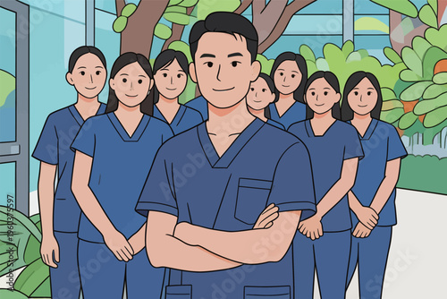 Medical team poses together in healthcare facility during working hours with bright green plants around them