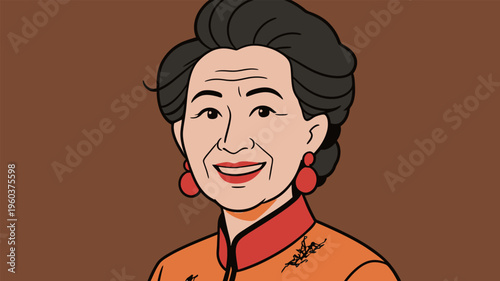 Portrait of a woman wearing traditional attire with a bright smile, set against a brown background in a simple style