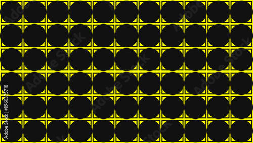 Minimalist background featuring a repetitive pattern of solid black circles arranged in a grid with thin yellow borders.