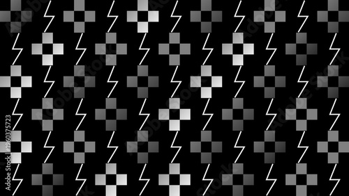 A minimalist abstract pattern featuring monochrome cross shapes composed of squares arranged on a dark black background with a grainy texture.