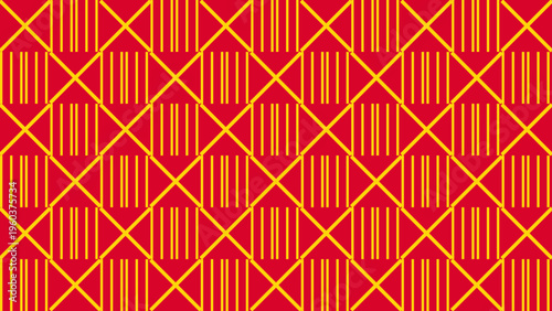 A vibrant red background features a repetitive geometric pattern of yellow vertical stripes and black intersecting diagonal lines forming a grid.