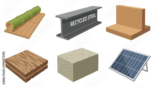 Sustainable Building Materials & Renewable Energy Icons. Green construction resources: wood, bamboo, recycled steel, solar.