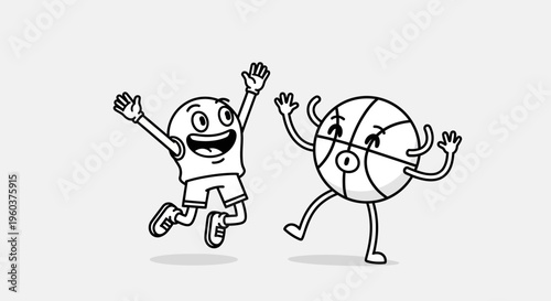 Happy cartoon person and anthropomorphic basketball jumping together in a playful black and white line drawing.