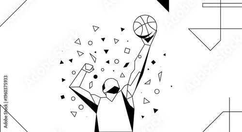 Stylized geometric illustration of a basketball player celebrating victory with a raised ball and falling confetti.