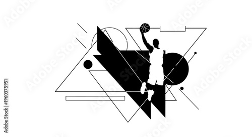 Abstract geometric design featuring a basketball player silhouette in mid-air dunking a ball, with sharp lines and shapes.