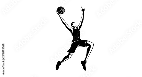 Dynamic black and white silhouette of a basketball player jumping with a ball, captured in an energetic pose.