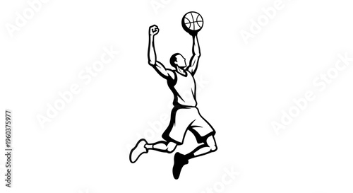 Dynamic black and white illustration of a basketball player jumping with the ball, ready to shoot or dunk.