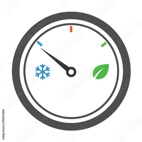 Simple, minimalist icon of a gauge indicating a cool temperature and healthy environment with a snowflake and leaf symbol