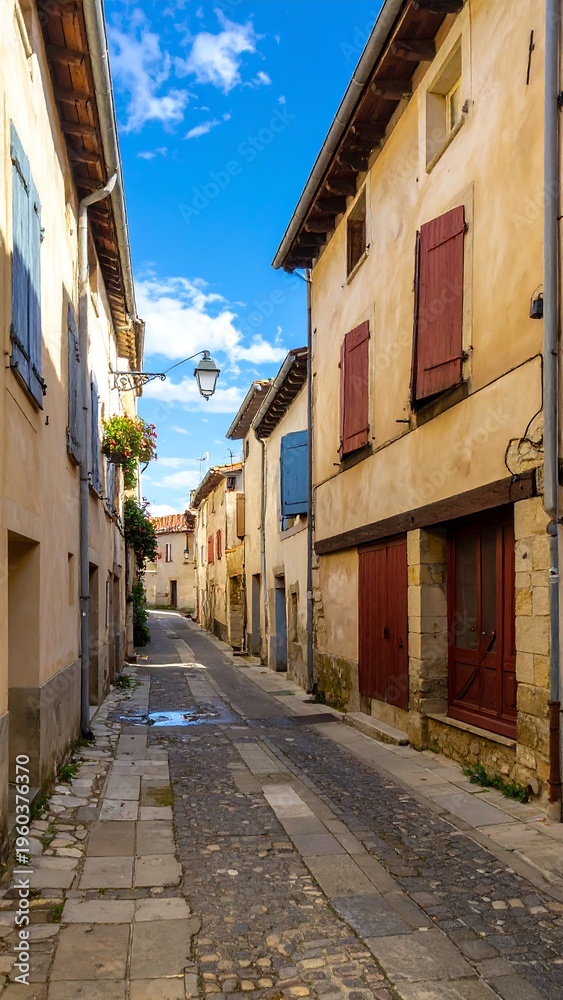 Fototapeta premium A narrow cobblestone street lined with old buildings