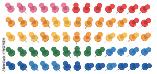 Colorful push pin thumbtack collection with multicolor office map pins stationery vector illustration set isolated