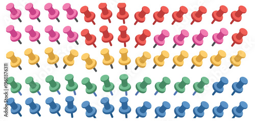 Colorful push pin thumbtack collection with multicolor office map pins stationery vector illustration set isolated