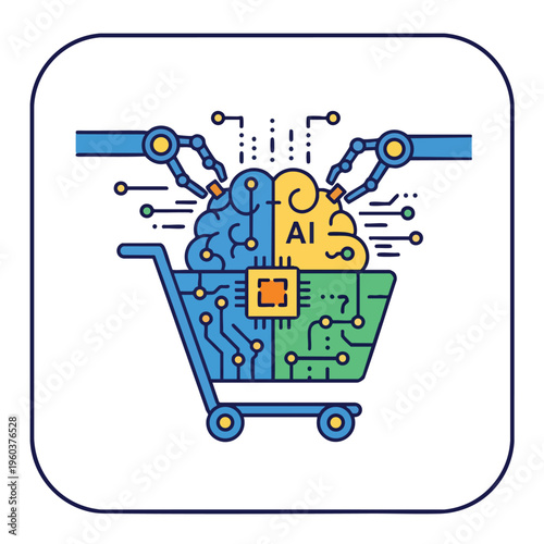Robotic arms manipulate a split AI brain within a shopping cart