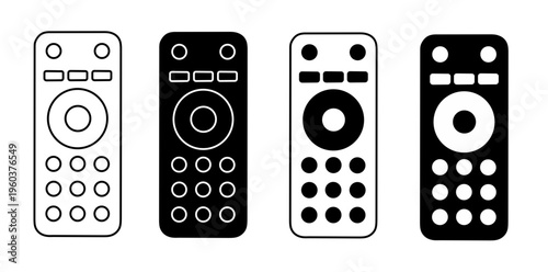 Set of remote control icons in black and white outlines for television multimedia electronic devices smart home technology control. Vector illustration of remote control icon set