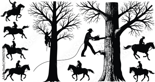 Tree cutting and cowboy riding silhouettes black and white illustration forestry worker lumberjack horse ranch rural scene design collection