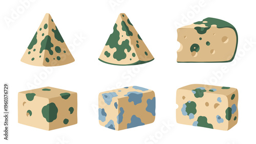 Collection of moldy cheese pieces in various shapes. Vector illustration of spoiled dairy products with green and blue fungus.