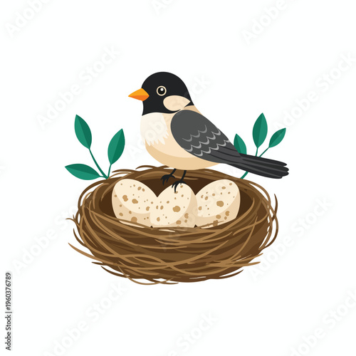 A bird sits on a nest containing three speckled eggs, surrounded by leaves
