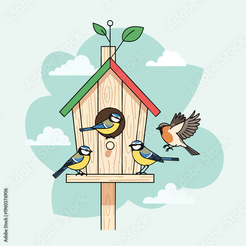 Whimsical birdhouse with titmice and robin perched around it