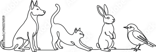 One continuous line drawing of dog cat rabbit and bird sitting in a row on white background,
