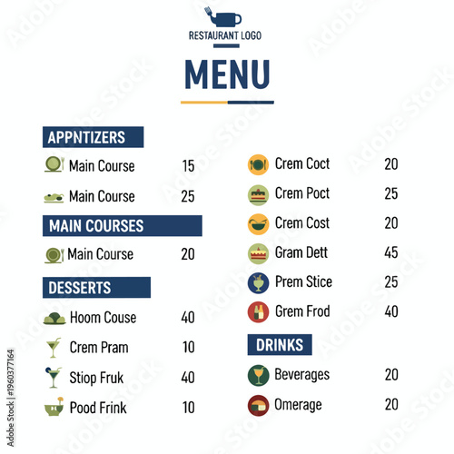 Restaurant menu featuring appetizers, main courses, desserts, and drinks with prices