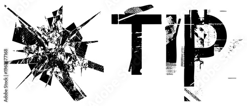 Bold fragmented typography with cracked glass effect, distressed lettering, graphic design element, halftone texture, urban glitch art.