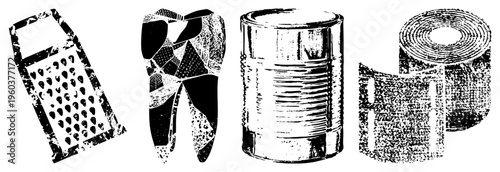 Grater, tooth, can, tape roll stylized kitchen tools and food packaging, halftone texture, isolated vector illustrations.