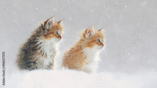 Two kittens sitting in the snow while watching the winter landscape  