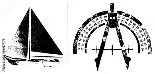 Black silhouette sailboat with textured sails, drafting compass with graduated arcs, vector graphic, isolated, halftone style, technical drawing tools.