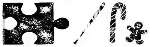 Holiday including jigsaw puzzle, striped candy cane, and smiling gingerbread man, rendered in distressed black and white vector style, perfect for seasonal design projects.