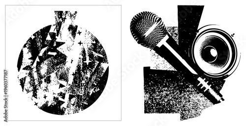 Stylized equipment with halftone texture, microphone and speaker design, graphic vector art, black and white, music production tools.