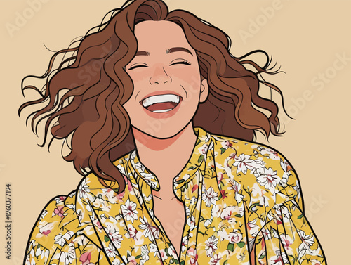 Woman with curly hair smiles brightly while wearing a floral shirt against a light background