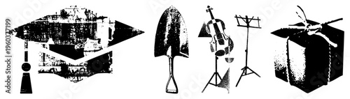 Set of vector academic cap, gardening shovel, cello with music stand, wrapped gift box. Flat, halftone, isolated, cutout, rgba.