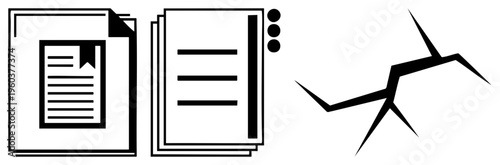 Stack of papers with bookmarked page, list, and stylized branch graphic, minimalist vector for digital interfaces, UI elements, or content organization tools.