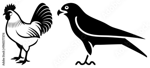Stylized rooster and in stark black and white, facing each other, graphic animal, vector art, symbolic birds, design.