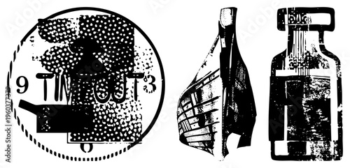 Retro camera lens and film reel graphic, halftone dot, vector design, isolated studio props, analog equipment.